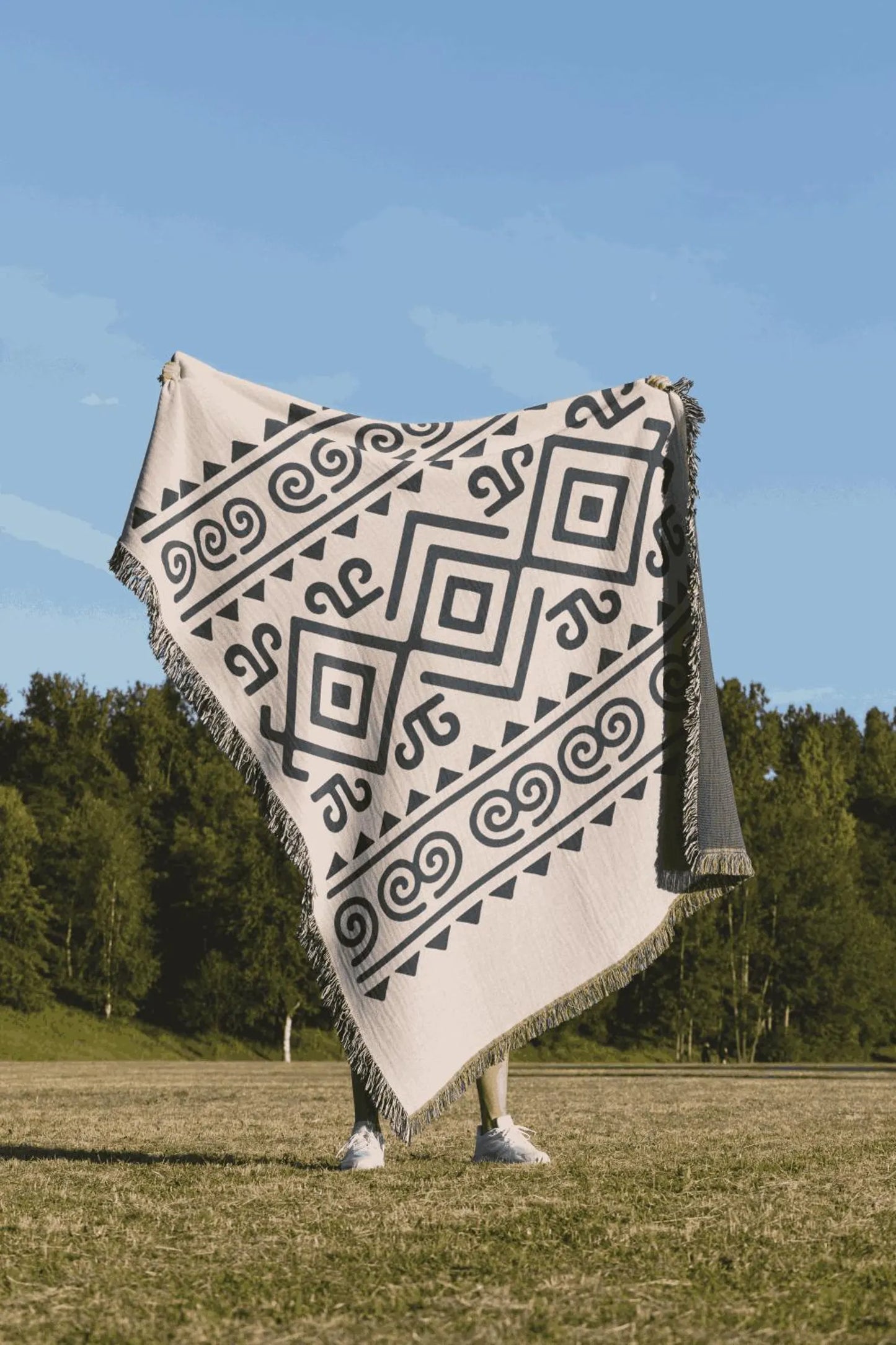 Cream & Deep Navy Boho Diamond and Spiral Woven Throw Blanket - Illyrian Weave