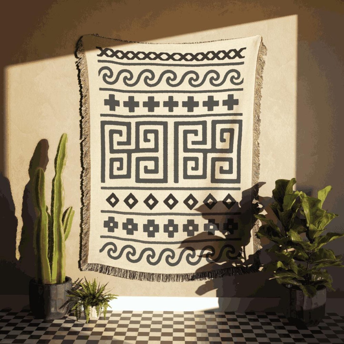 Cream & Charcoal Boho Cross and Maze Geometric Woven Throw Blanket - Illyrian Weave