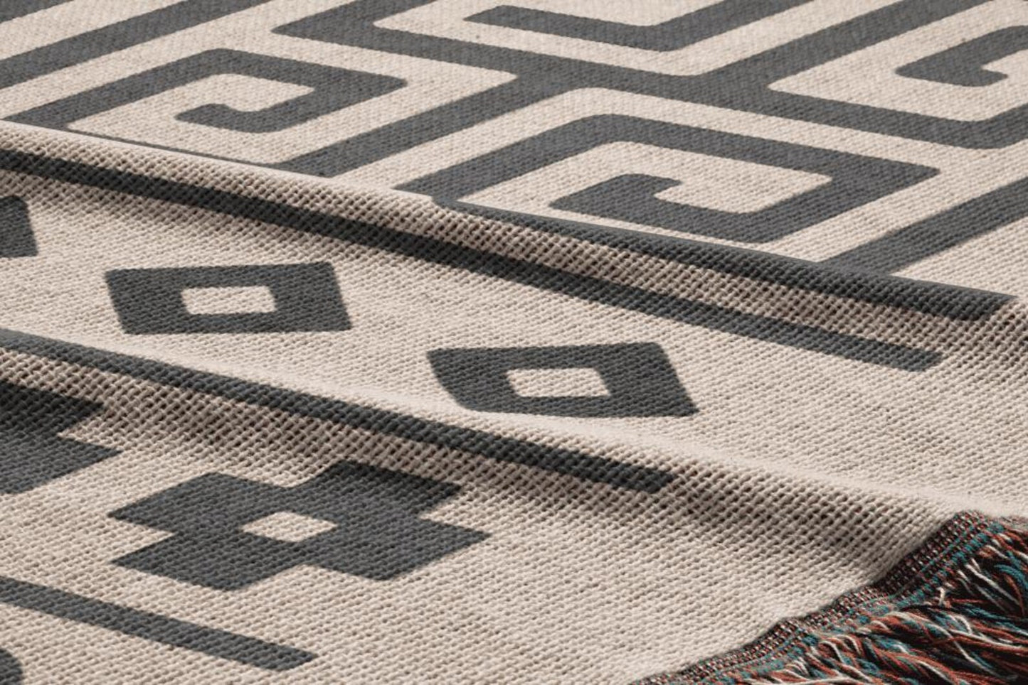 Cream & Charcoal Boho Cross and Maze Geometric Woven Throw Blanket - Illyrian Weave