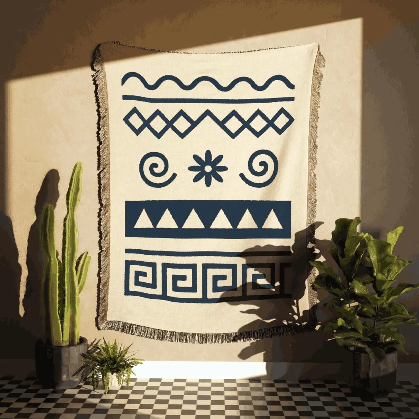 Cream & Deep Navy Boho Floral and Geometric Woven Throw Blanket - Illyrian Weave