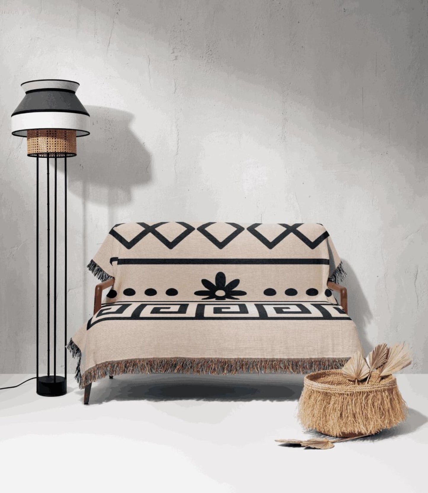 Cream & Deep Navy Boho Spiral and Floral Geometric Woven Throw Blanket - Illyrian Weave