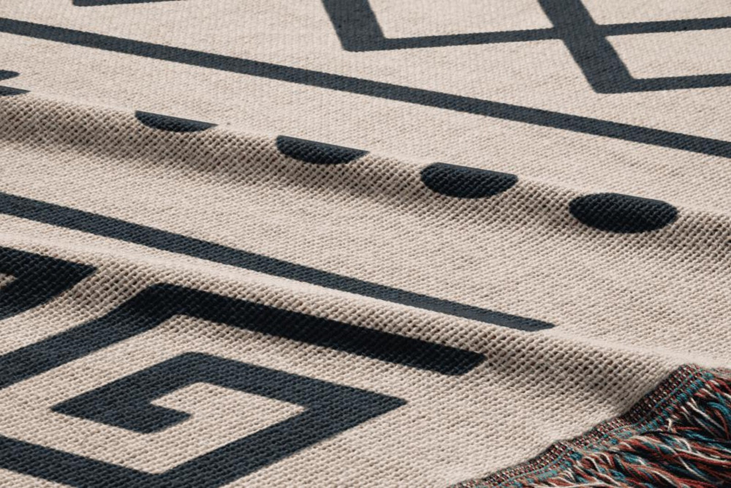 Cream & Deep Navy Boho Spiral and Floral Geometric Woven Throw Blanket - Illyrian Weave