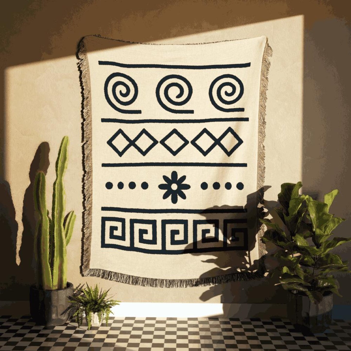 Cream & Deep Navy Boho Spiral and Floral Geometric Woven Throw Blanket - Illyrian Weave