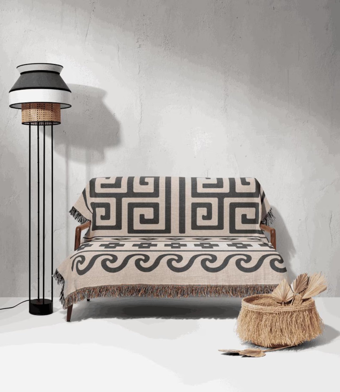 Cream & Charcoal Boho Cross and Maze Geometric Woven Throw Blanket - Illyrian Weave