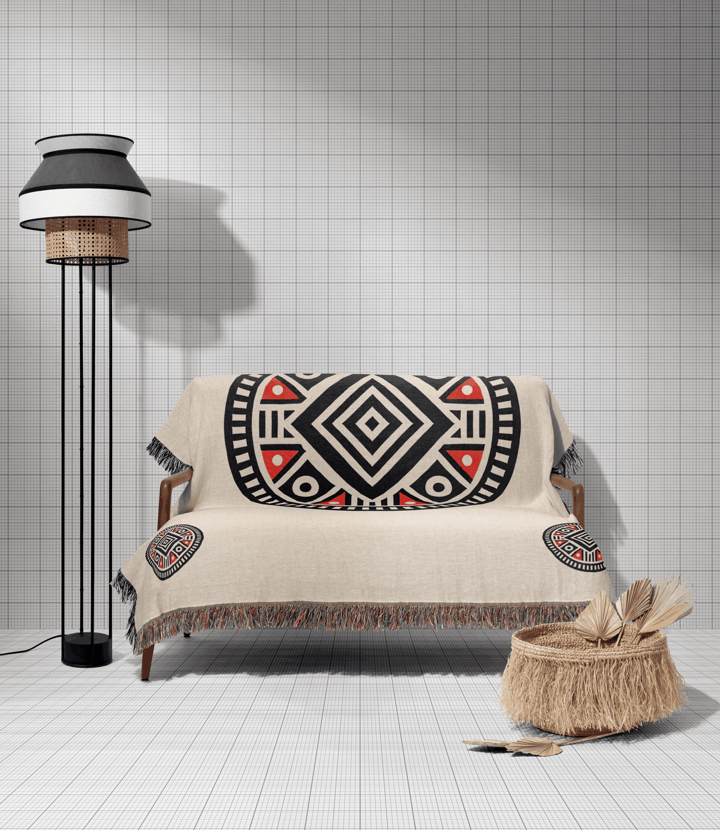 Illyrian-Inspired Woven Blanket – Bold Geometric Patterns In Red, Black, And White